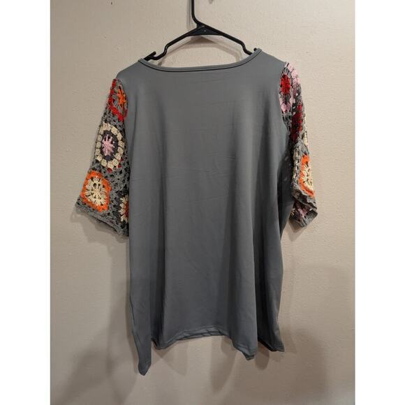 Granny square crochet multi color sleeved grey blouse size XXL - Picture 3 of 6